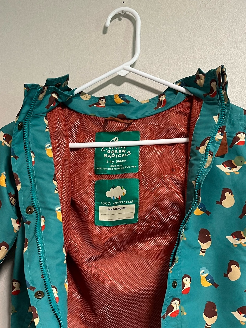 Little Green Radicals Teal Kids Raincoat with Bird Print